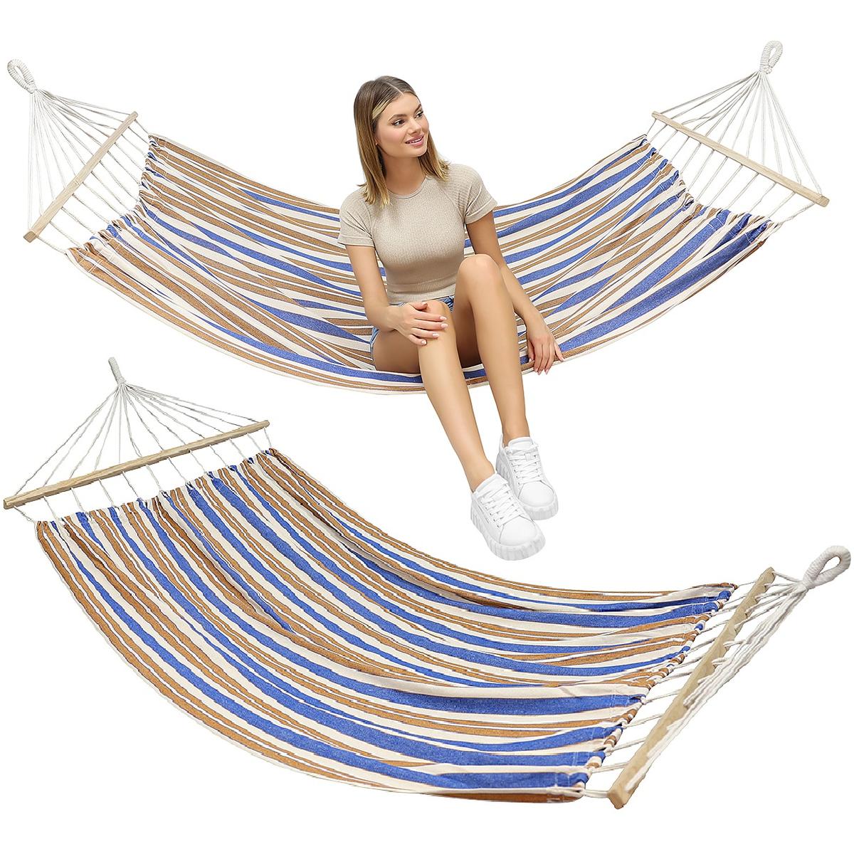 Hamac dublu cu bare din lemn, pentru 2 persoane, bumbac, 150kg, 200x150 cm, albastru si maro
