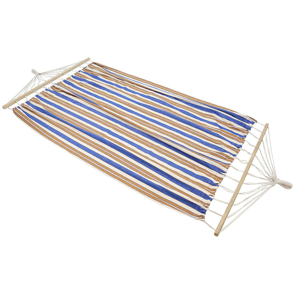 Hamac dublu cu bare din lemn, pentru 2 persoane, bumbac, 150kg, 200x150 cm, albastru si maro