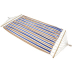 Hamac dublu cu bare din lemn, pentru 2 persoane, bumbac, 150kg, 200x150 cm, albastru si maro