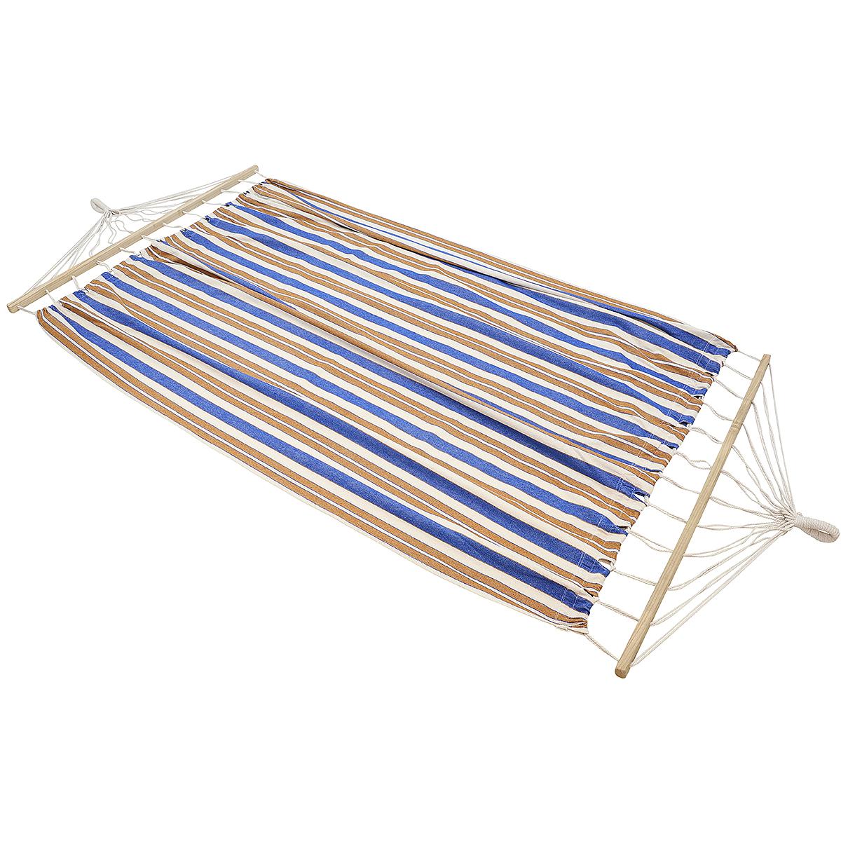 Hamac dublu cu bare din lemn, pentru 2 persoane, bumbac, 150kg, 200x150 cm, albastru si maro