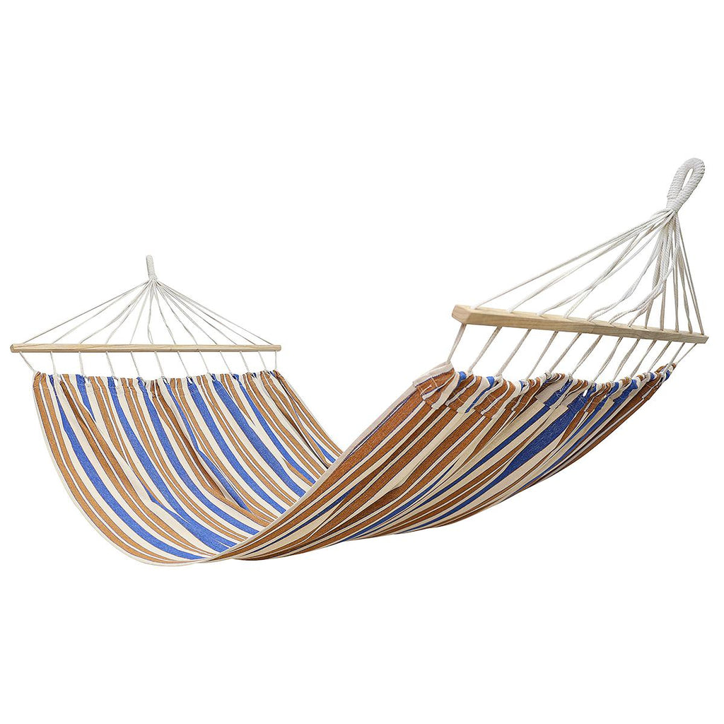 Hamac dublu cu bare din lemn, pentru 2 persoane, bumbac, 150kg, 200x150 cm, albastru si maro