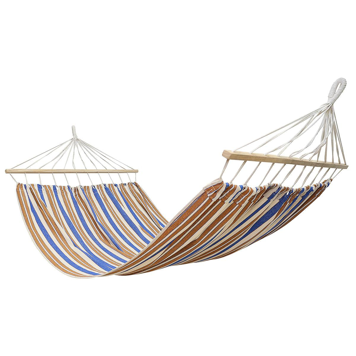 Hamac dublu cu bare din lemn, pentru 2 persoane, bumbac, 150kg, 200x150 cm, albastru si maro