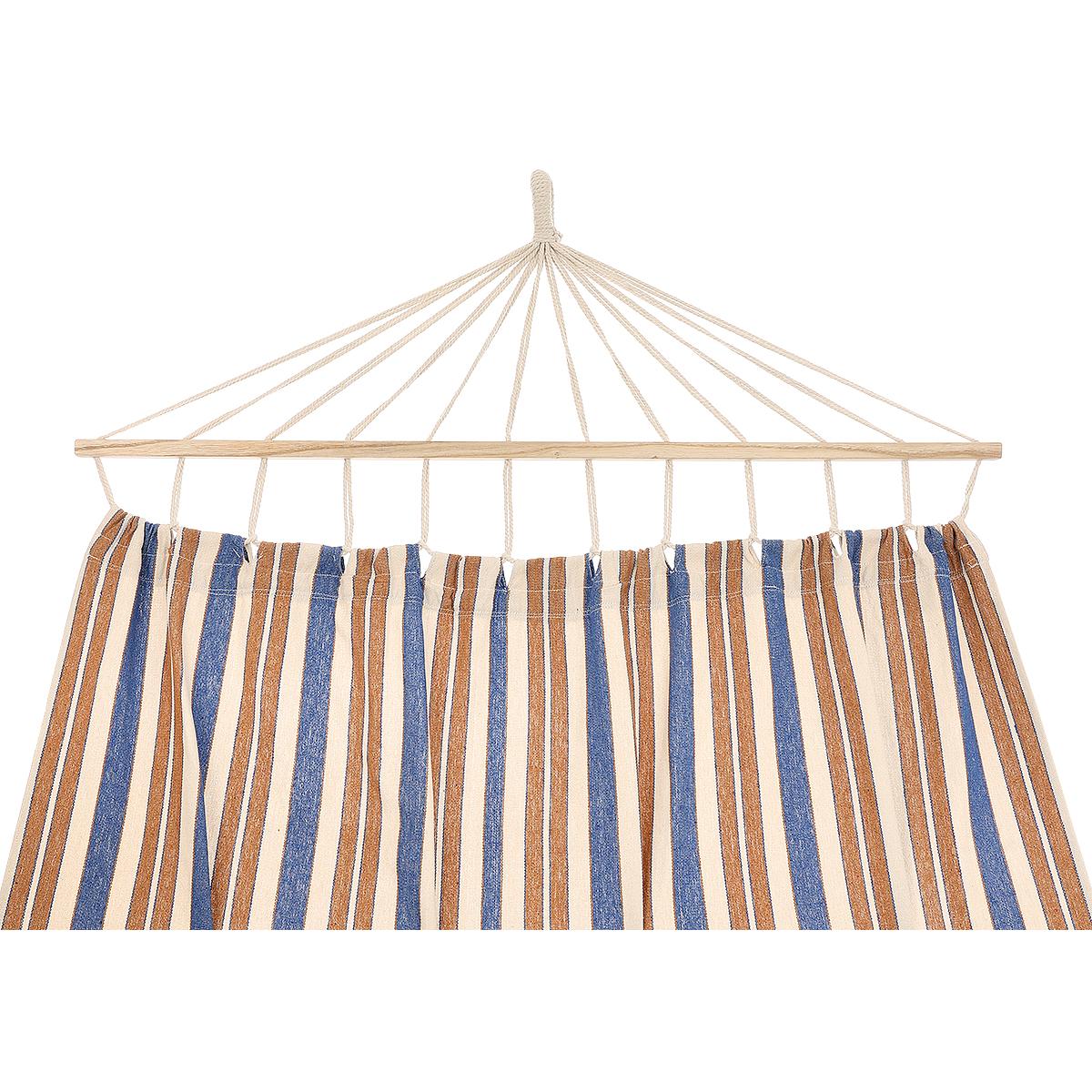 Hamac dublu cu bare din lemn, pentru 2 persoane, bumbac, 150kg, 200x150 cm, albastru si maro