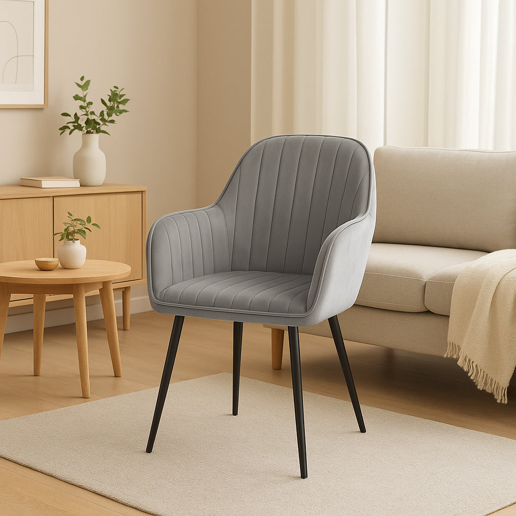 Scaun living tapitat, design modern, catifea, picioare metalice, 85x52x46 cm, gri