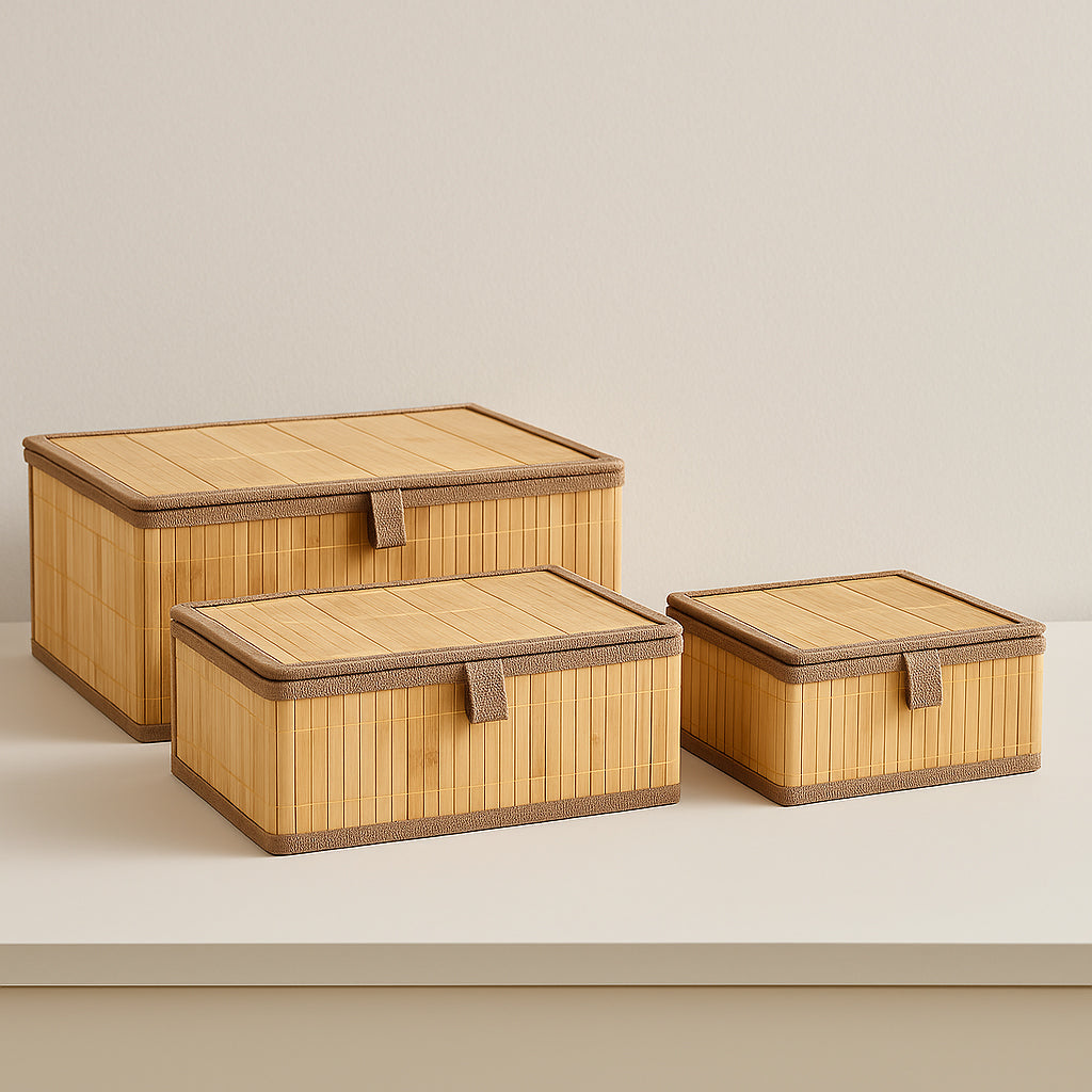 Set 3 cutii dreptunghiulare 5Five din bambus, marimi S-M-L, 32x25x16 cm, natur