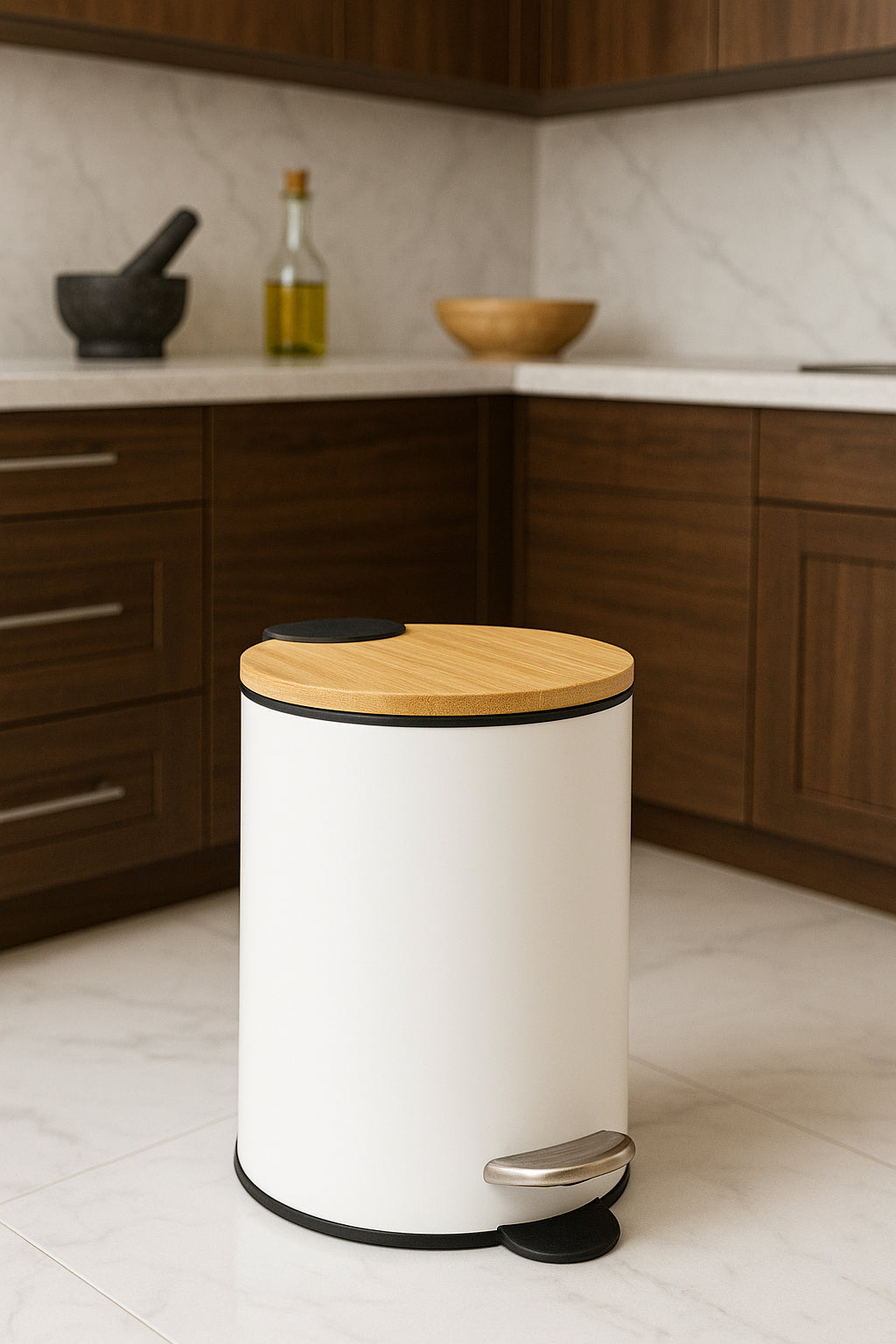 Cos gunoi 5Five Modern Color cu capac bambus si sistem soft-close, otel, polipropilena si bambus, 3L, 22x17x23 cm, alb