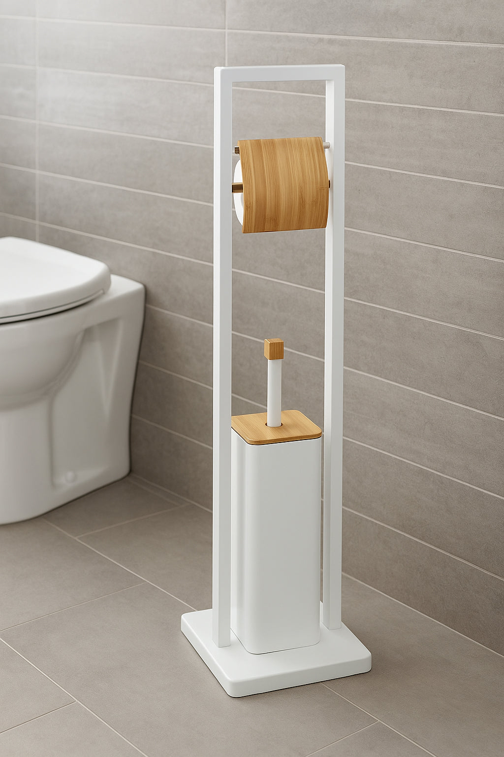 Suport WC cu perie 5Five Natureo, cu suport hartie igienica, metal si bambus, 20x20x80 cm, alb