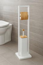 Suport WC cu perie 5Five Natureo, cu suport hartie igienica, metal si bambus, 20x20x80 cm, alb