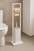 Suport WC cu perie 5Five Natureo, cu suport hartie igienica, metal si bambus, 20x20x80 cm, alb