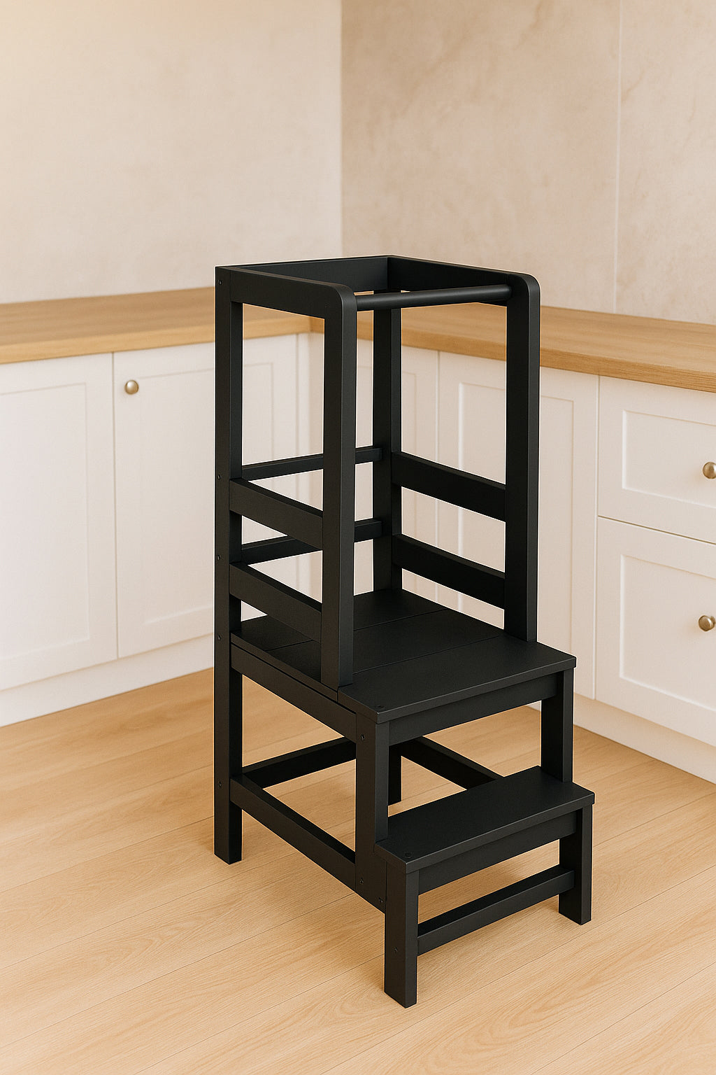 Turn de invatare inaltator multifunctional din lemn, platforma reglabila pe 3 inaltimi, 90x39x44 cm, negru