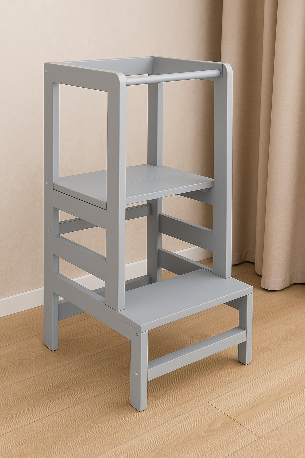 Turn de invatare inaltator multifunctional din lemn, platforma reglabila pe 3 inaltimi, 90x39x44 cm, gri