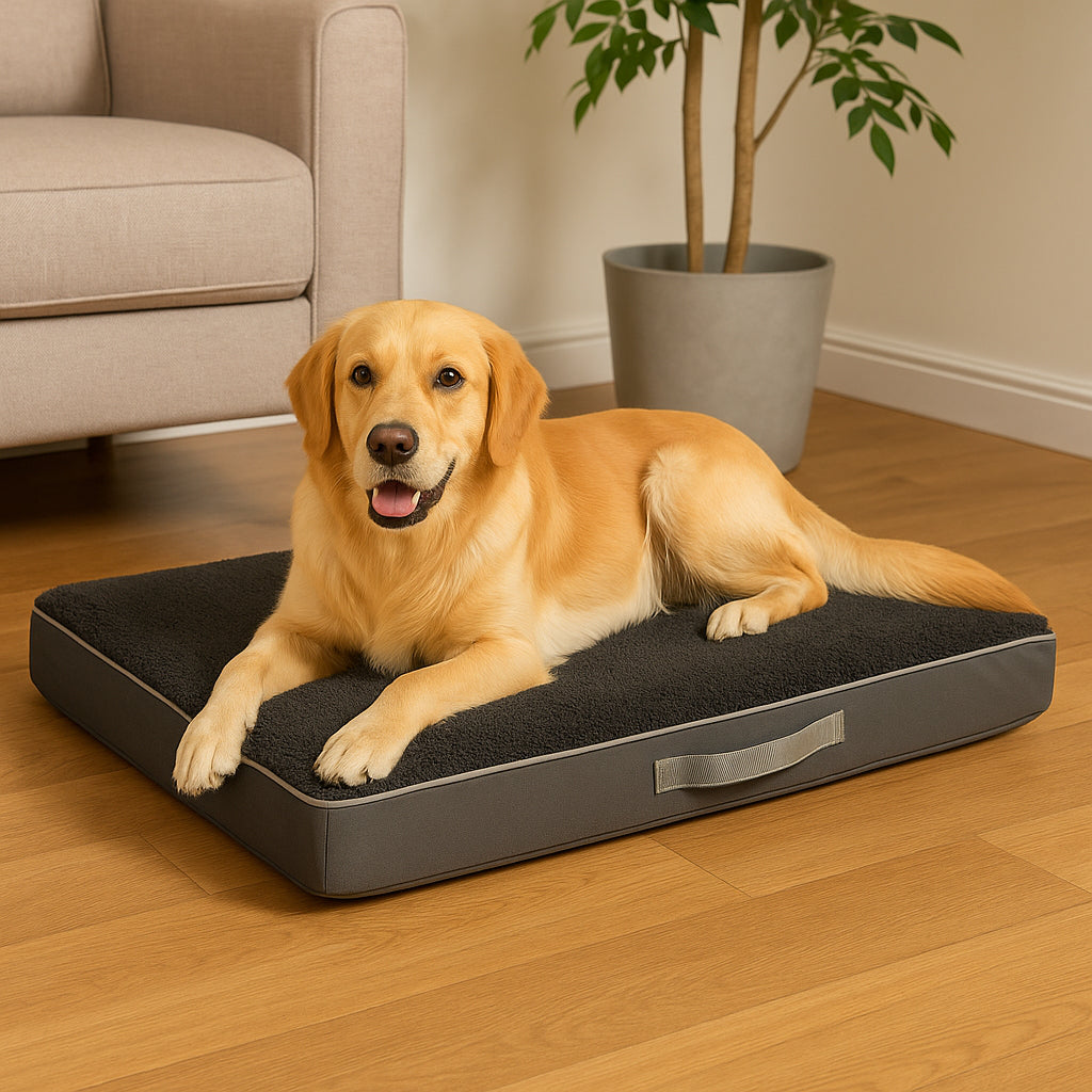 Pat ortopedic pentru caini, dreptunghiular, husa detasabila, 90x70x10 cm, gri inchis