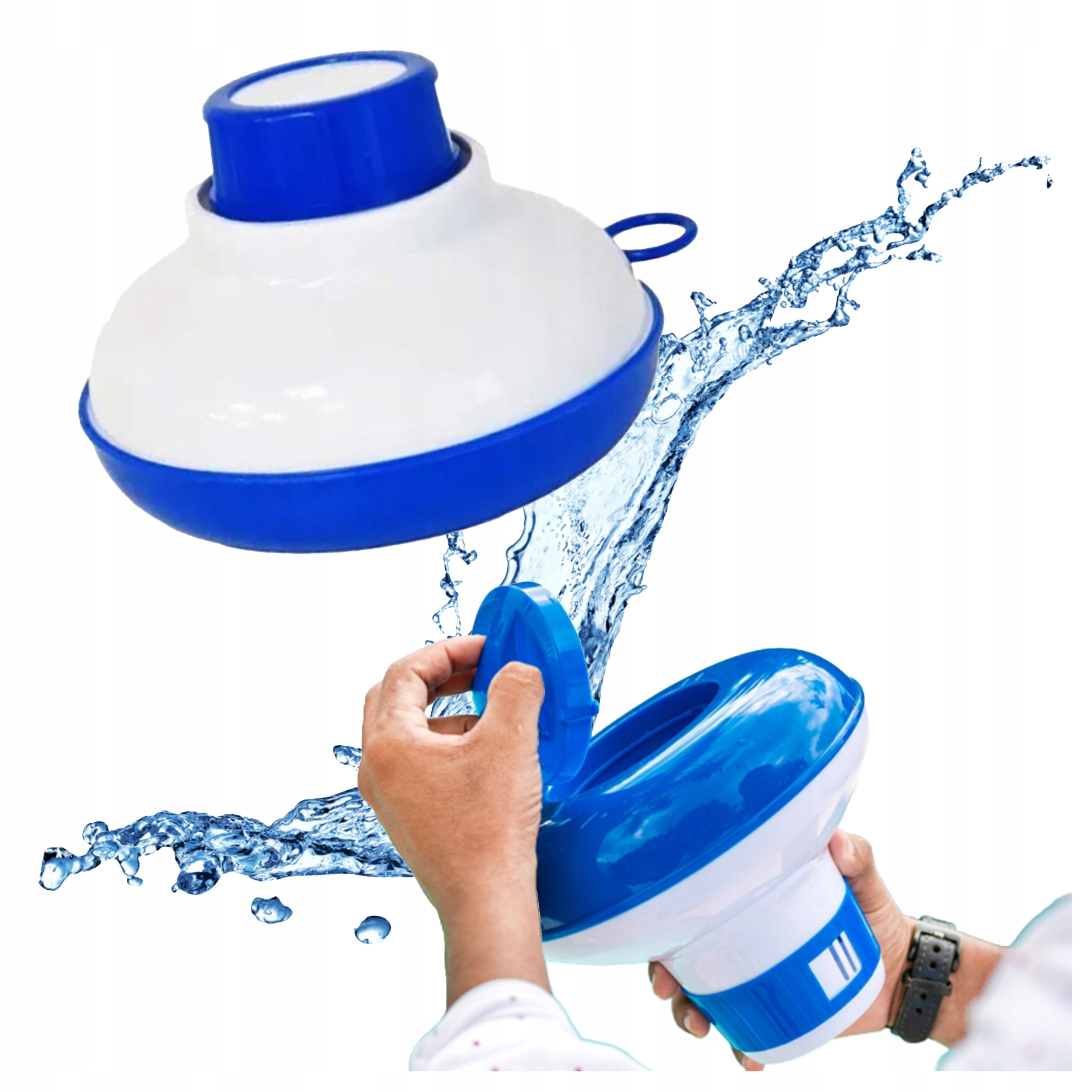 Dozator plutitor pentru pastile de clor, dozare reglabila, albastru si alb