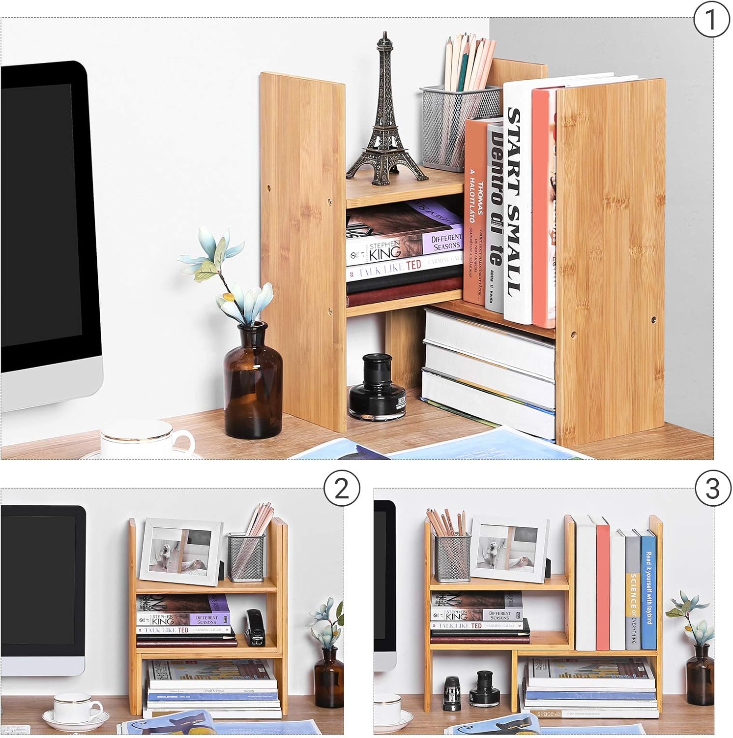 SONGMICS Organizator modular cu 3 forme de depozitare reglabile, din bambus, 65x15x40 cm, maro