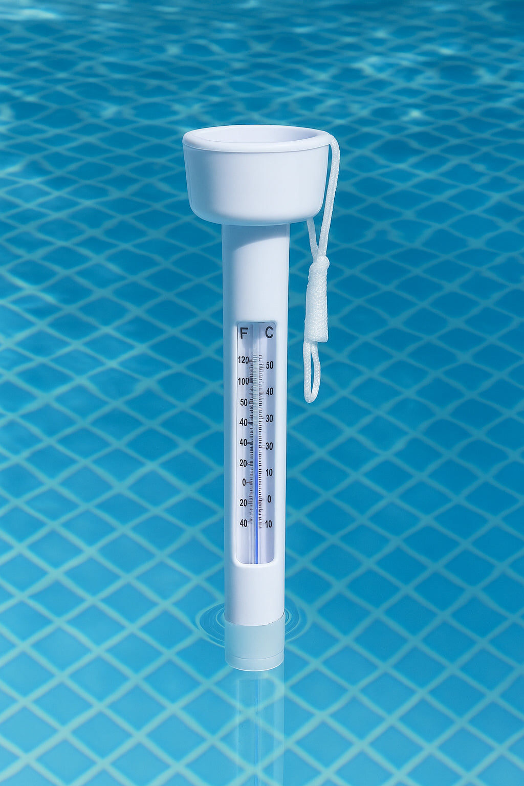 Termometru plutitor pentru piscina, cu snur de prindere si scala dubla, 18,5 cm, alb