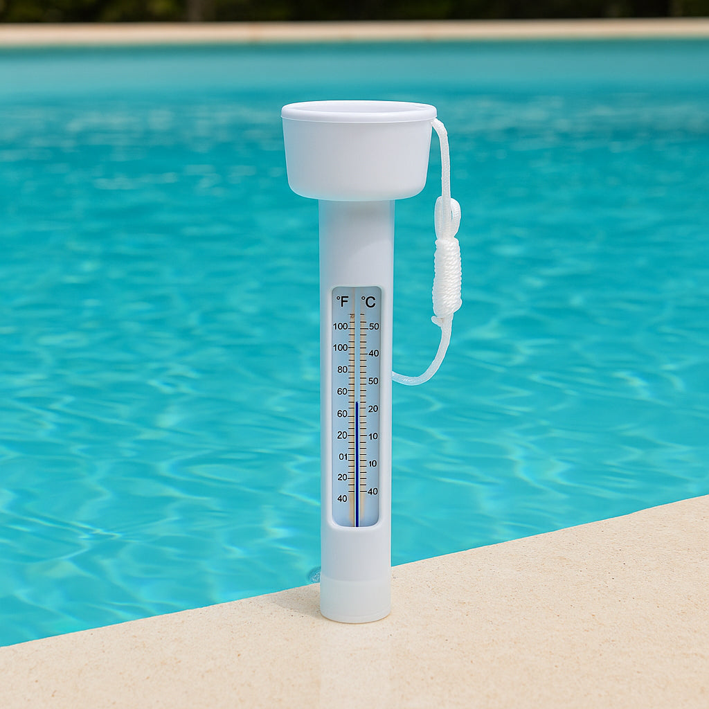 Termometru plutitor pentru piscina, cu snur de prindere si scala dubla, 18,5 cm, alb