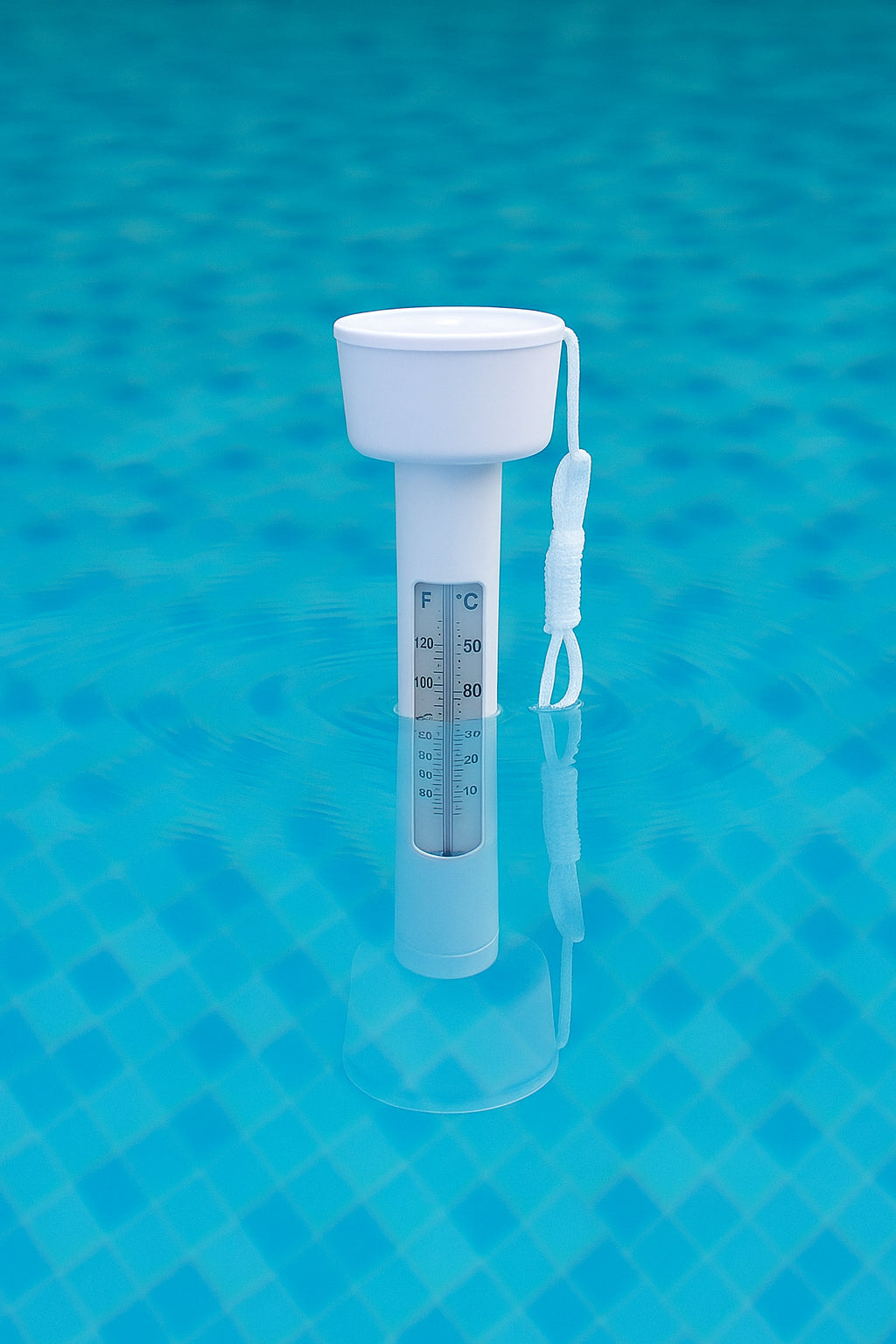 Termometru plutitor pentru piscina, cu snur de prindere si scala dubla, 18,5 cm, alb