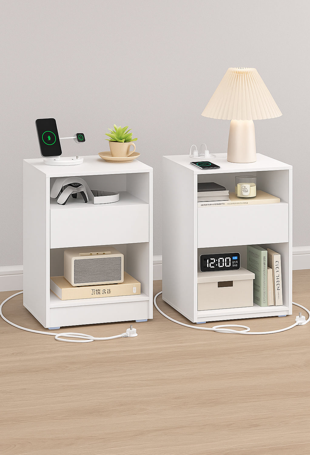 VASAGLE Set 2 noptiere cu porturi USB si prize, sertar si rafturi deschise, 45x35x58 cm, alb mat