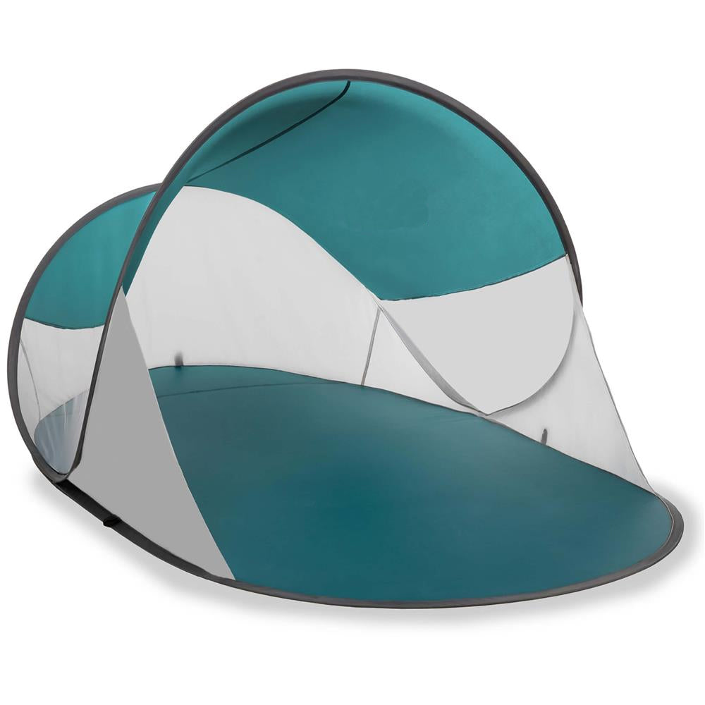 Cort plaja autoexpansibil POP-UP cu protectie UV, podea izolanta si husa transport, 190x120x100 cm, turcoaz si gri
