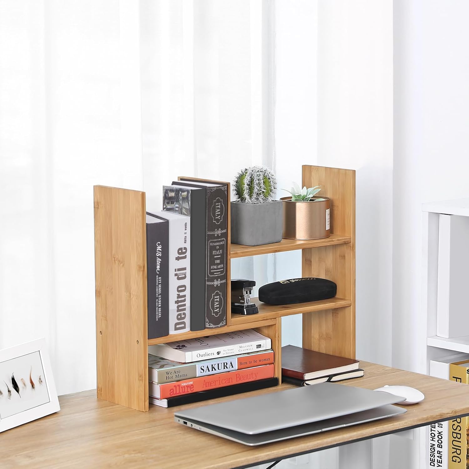 SONGMICS Organizator modular cu 3 forme de depozitare reglabile, din bambus, 65x15x40 cm, maro