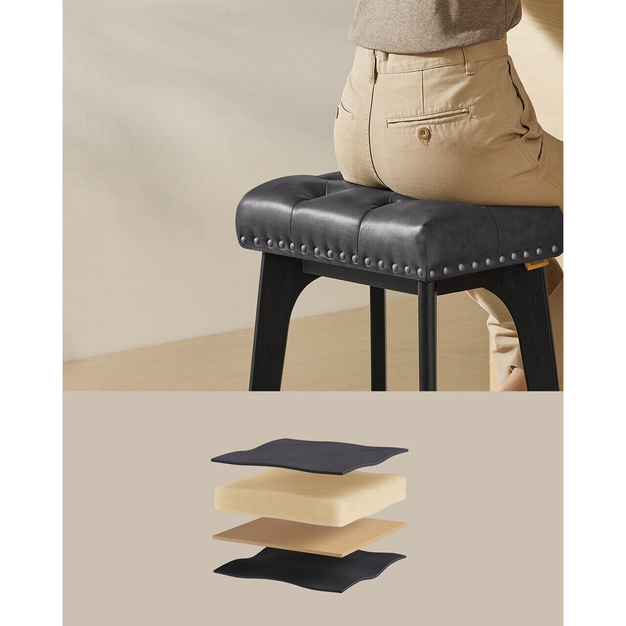 VASAGLE Set 2 scaune bar cu tapiterie piele ecologica, picioare din lemn, 44x32x66 cm, negru