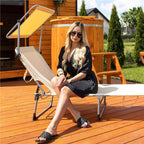 Sezlong pliabil cu parasolar, 188x57x38cm, sarcina 120kg, crem