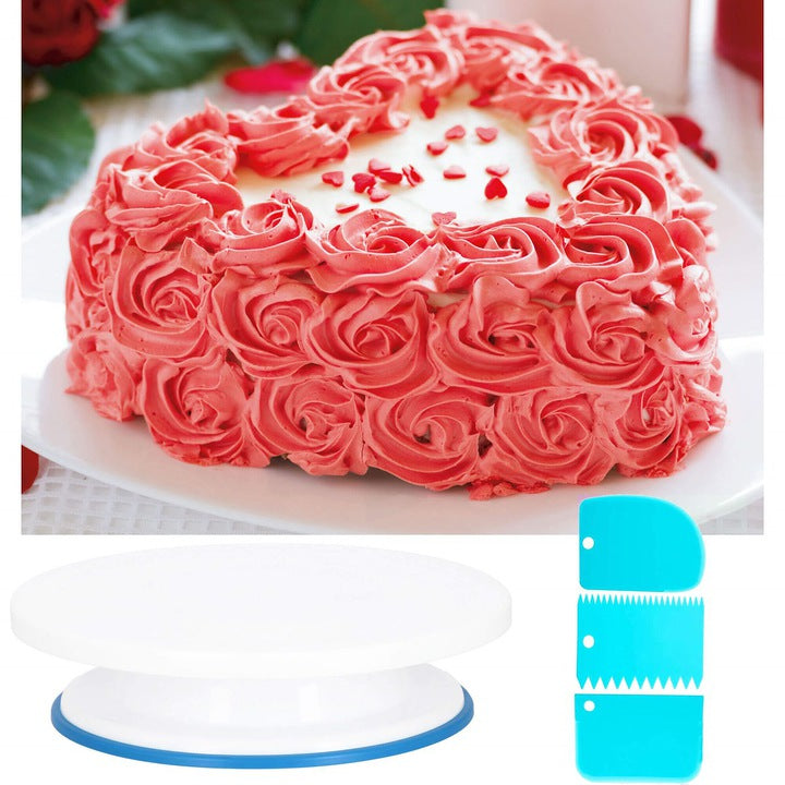 Set patiserie cu platou rotativ, 106 piese cu sabloane pentru ornarea prajiturilor