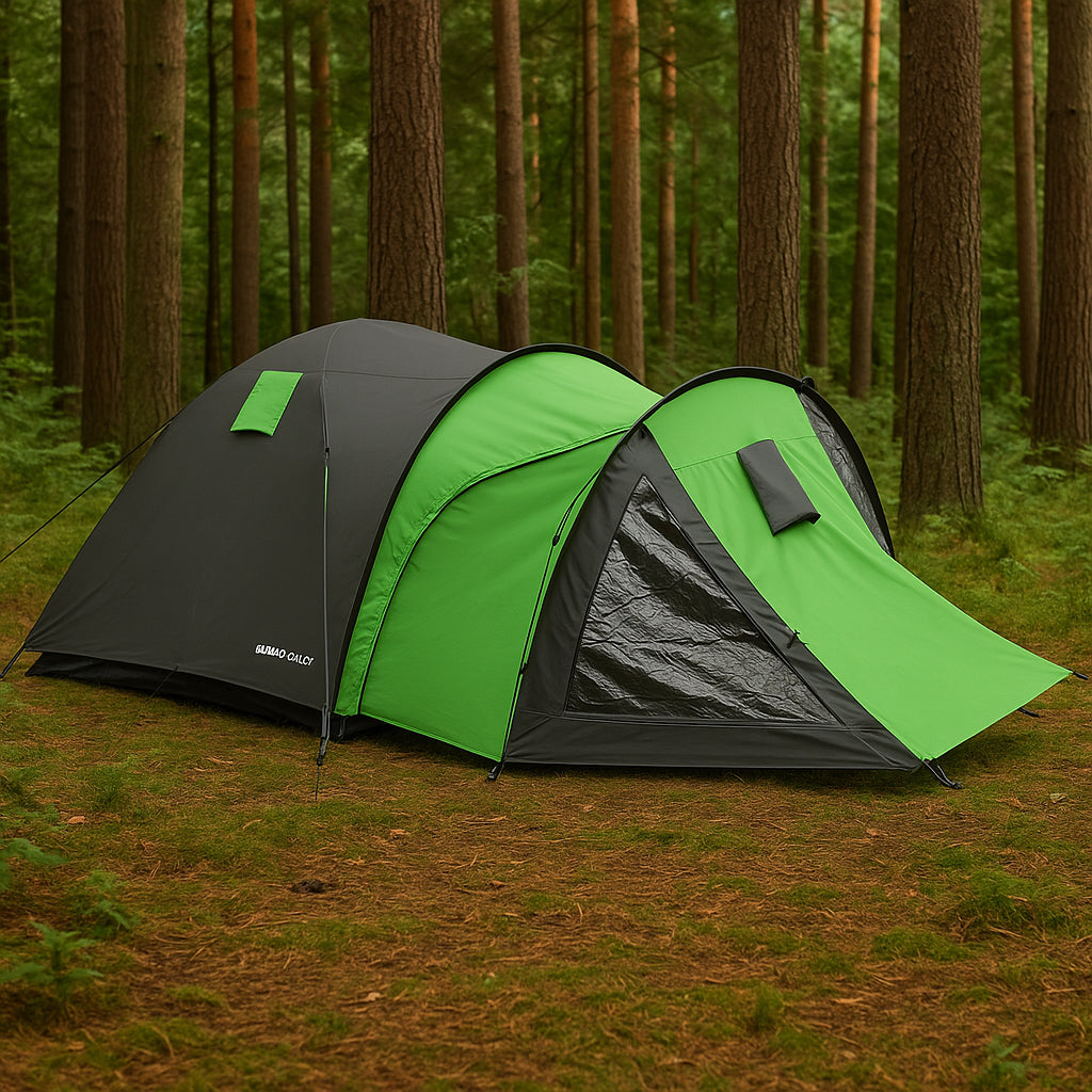 Cort camping 4 persoane cu antreu, impermeabil 3000 mm, 450x210x150 cm, negru si verde