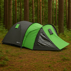 Cort camping 4 persoane cu antreu, impermeabil 3000 mm, 450x210x150 cm, negru si verde