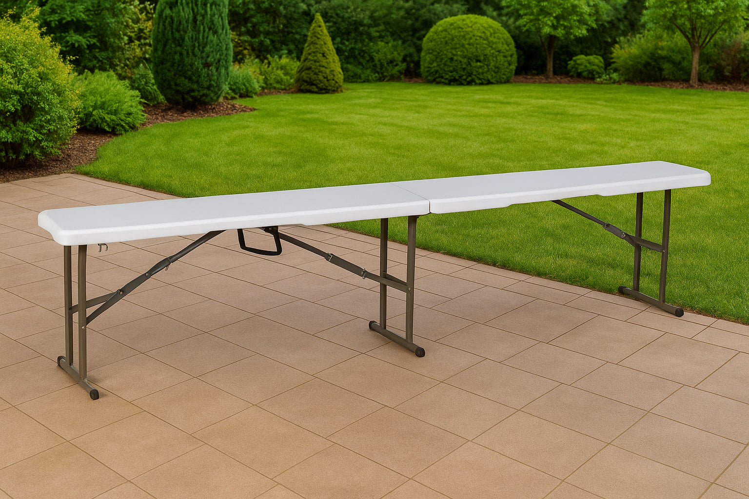 Banca pliabila pentru evenimente si catering, 183x28x43 cm, din HDPE si otel, alb