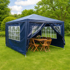 Pavilion gradina cu 4 pereti si ferestre, structura metalica, 300x400x250 cm, albastru